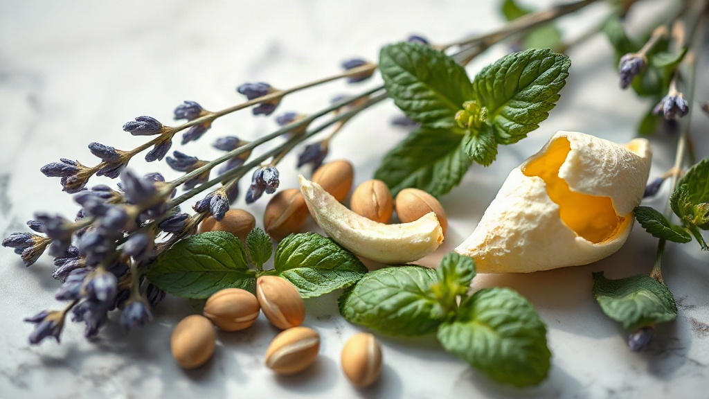 close-up on a marble surface showing lavender sprigs, fresh mint leaves, tonka beans and bergamot peel arranged together