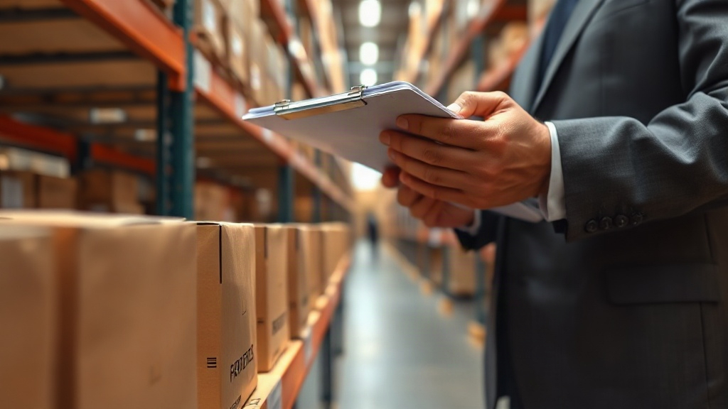 Close-up of a business person's hands inspecting a row of perfume tester cardboard boxes on a warehouse shelf, chec