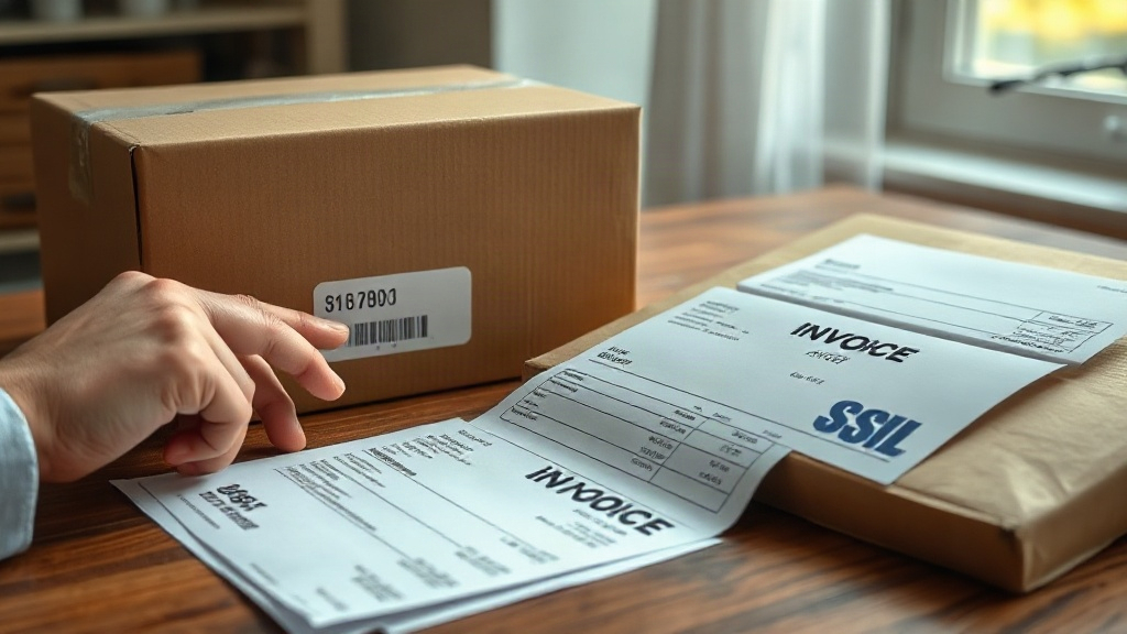 close-up of a hand reviewing a printed commercial invoice and shipping documents on a wooden desk next to a sealed cardb