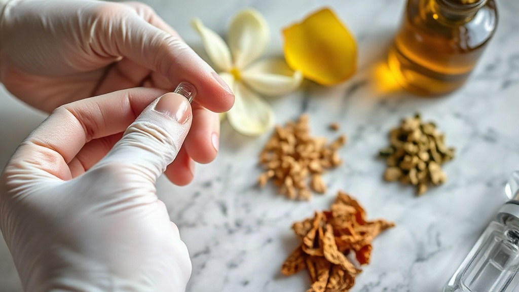 a professional's hands holding a fragrance testing strip close to raw perfumery ingredients, jasmine petals, bergam