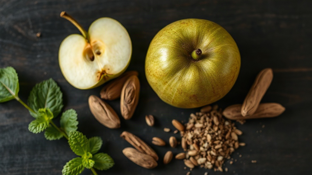 overhead flat lay of raw perfumery ingredients on a dark wood table, fresh mint leaves, a halved green apple, vanilla po