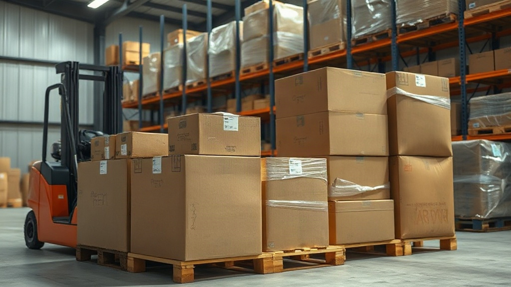 warehouse interior with stacked cardboard shipping boxes on wooden pallets, a forklift pallet jack nearby, shrink-wrappe