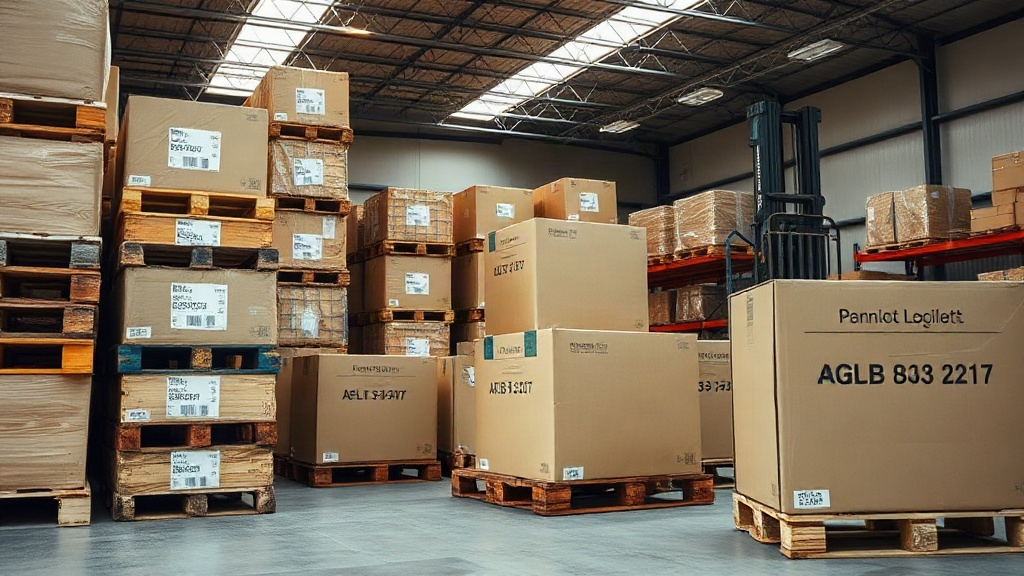 warehouse interior with stacked wooden pallets, sealed cardboard shipping boxes, and a forklift in the background, wide 