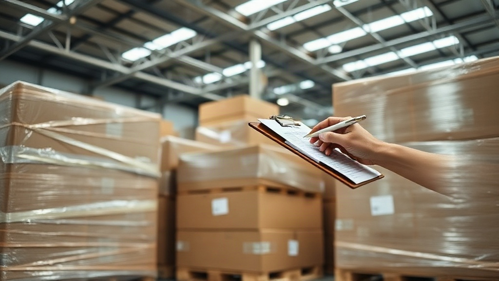 warehouse interior with wrapped pallets of cardboard shipping boxes and a worker's hand checking a clipboard invent