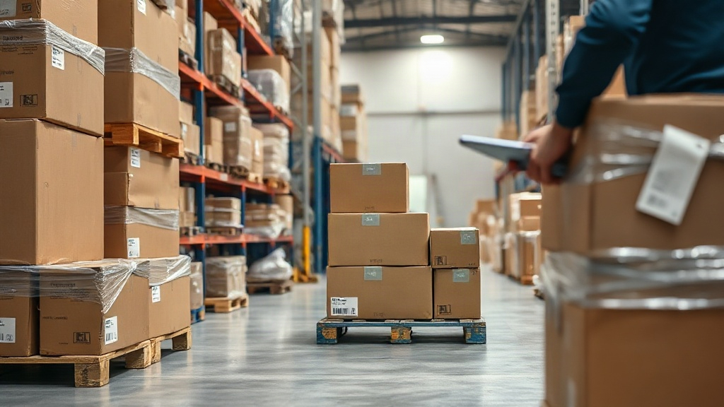 warehouse logistics scene for luxury perfumery distribution — stacked cardboard shipping boxes and wrapped pallets on a 