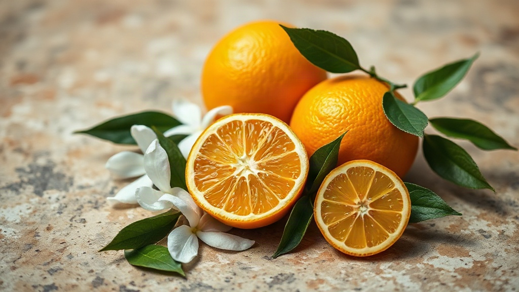 close-up still life of fresh bergamot and bitter orange fruits, white jasmine blossoms, and patchouli leaves arranged on