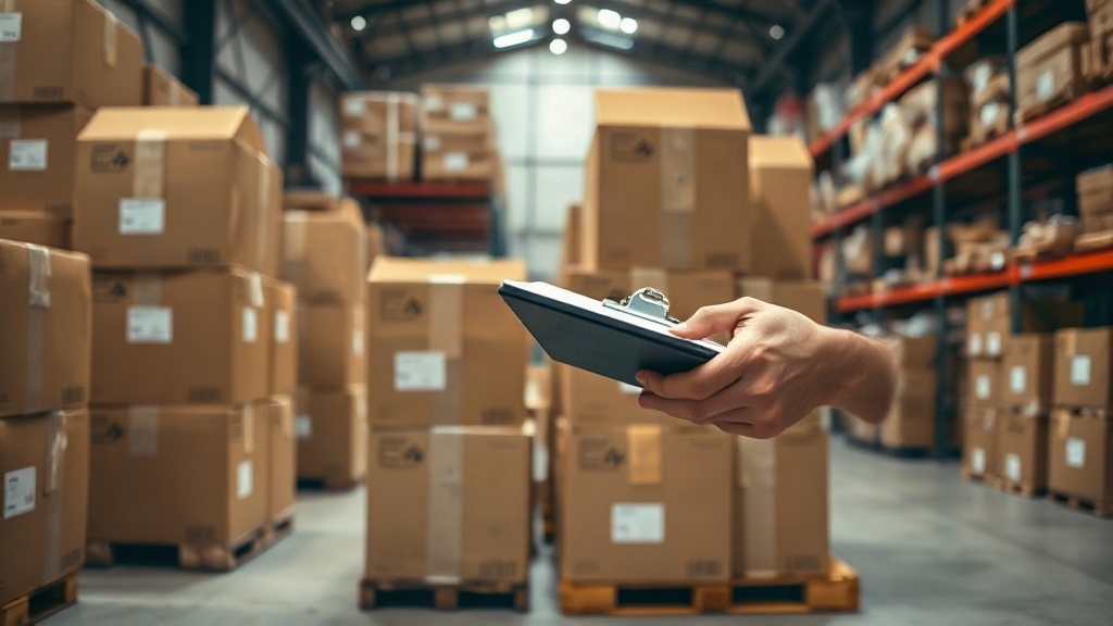 warehouse interior with stacked cardboard shipping boxes on wooden pallets, a hand holding a clipboard while checking in
