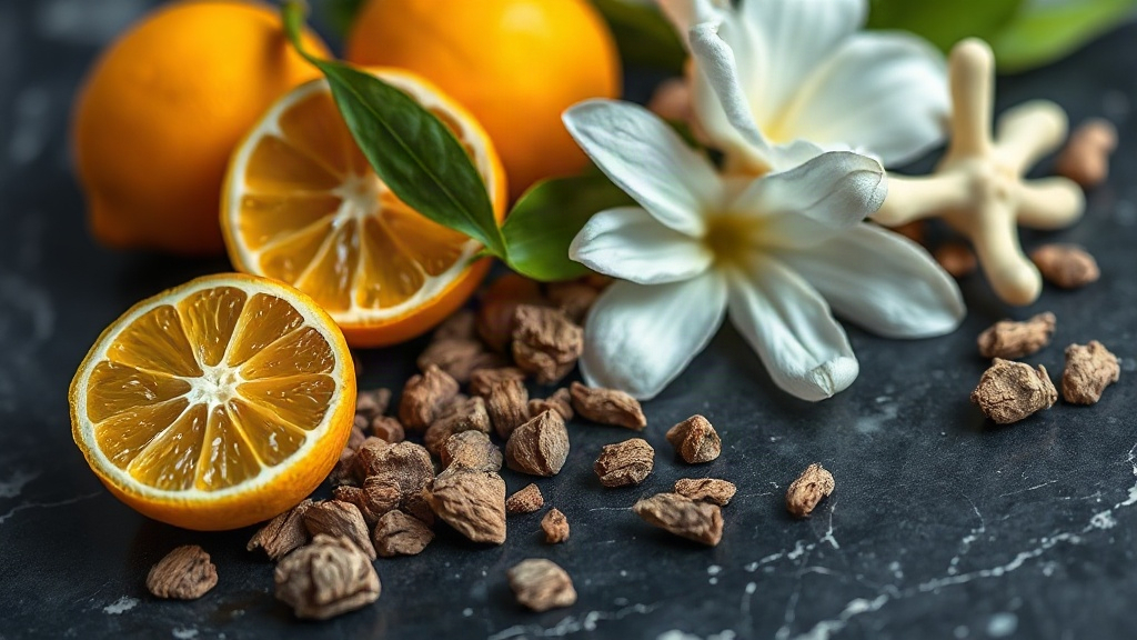 close-up still life of bergamot citrus fruits, fresh jasmine flowers, and raw oud wood chips arranged on a dark marble s