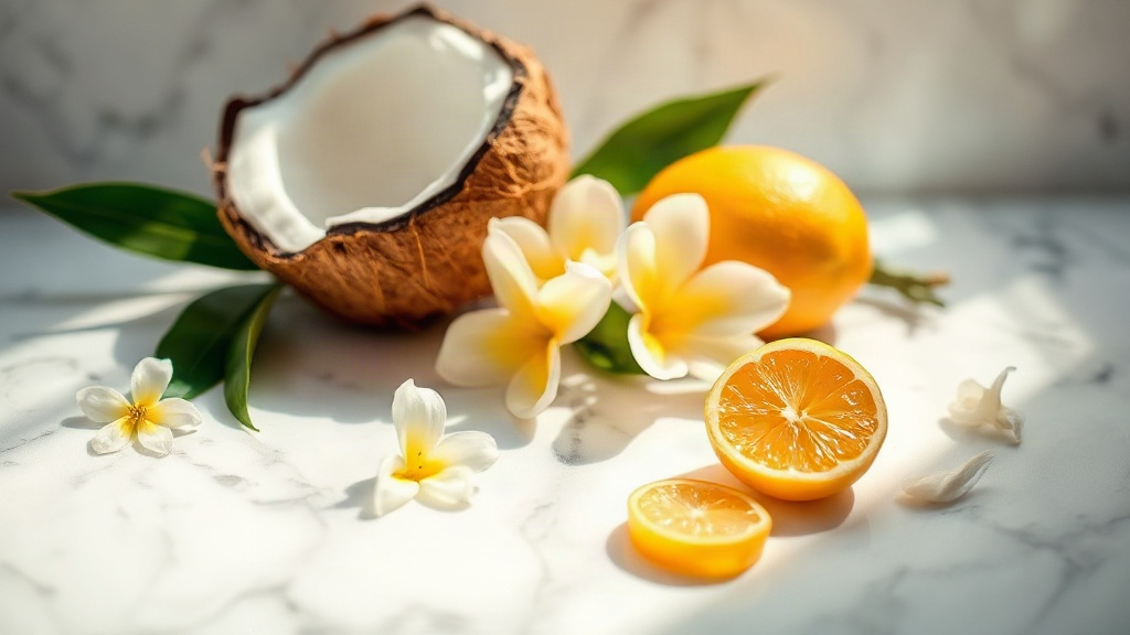 close-up of coconut flower, neroli blossoms and bergamot peel arranged on a sunlit white marble surface, soft Mediterran