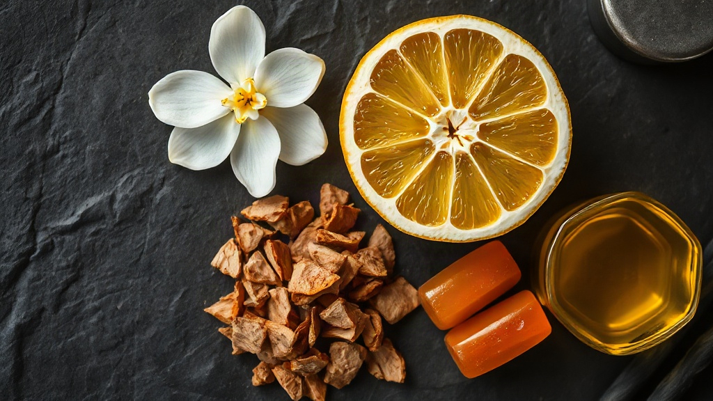 overhead flat lay of raw perfume ingredients including bergamot citrus fruit sliced in half, jasmine flowers, a small pi