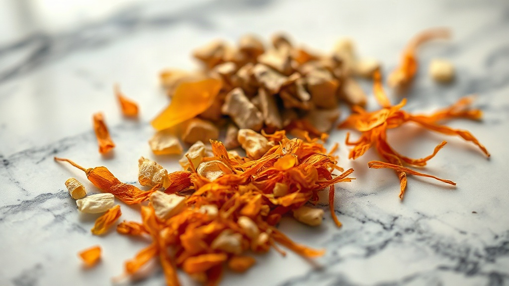 close-up of raw perfumery ingredients on a polished marble surface, oud wood chips, amber resin, dried saffron threads a