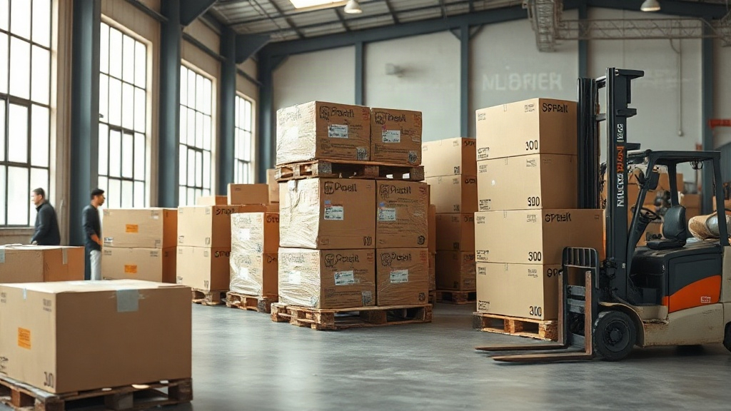 warehouse interior with stacked cardboard shipping boxes on wooden pallets, forklift pallet jack nearby, industrial logi