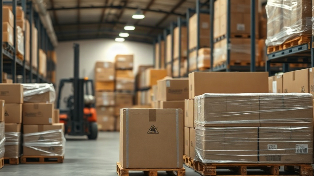 Warehouse interior with stacked cardboard shipping boxes and wrapped pallets ready for export, forklift in soft focus ba