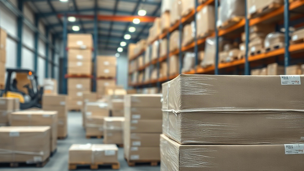 warehouse interior with wrapped pallets of cardboard shipping boxes stacked in rows, forklift blurred in the background,