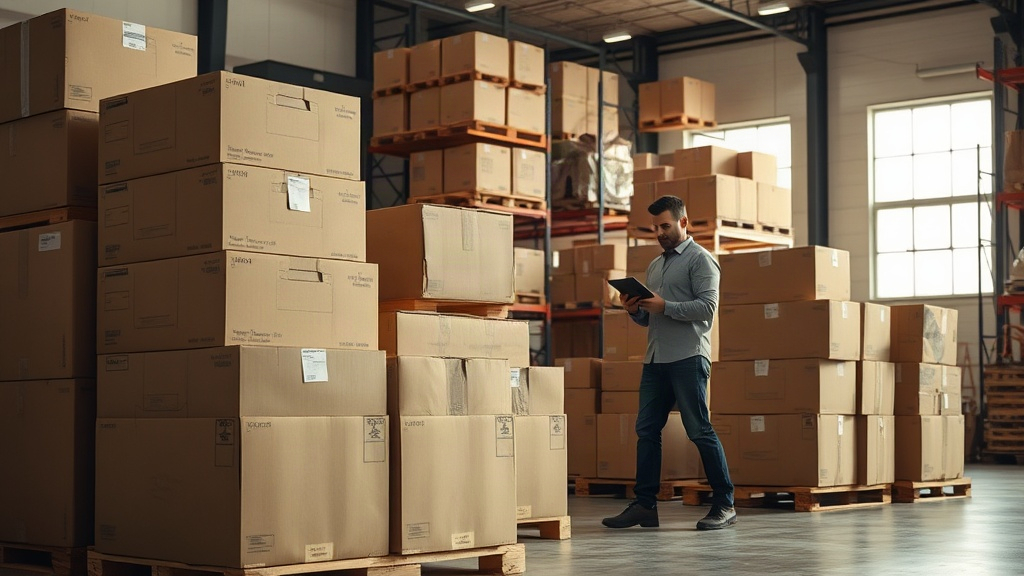 warehouse scene with stacked cardboard shipping boxes and wooden pallets, logistics worker checking inventory with a tab