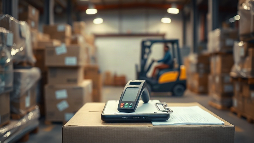 warehouse loading area with stacked cardboard shipping boxes and wrapped wooden pallets, a hand-held barcode scanner and