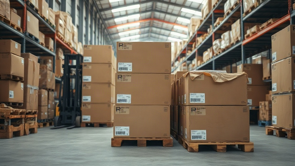 warehouse interior with wooden pallets stacked with sealed cardboard shipping boxes, forklift aisle, industrial shelving