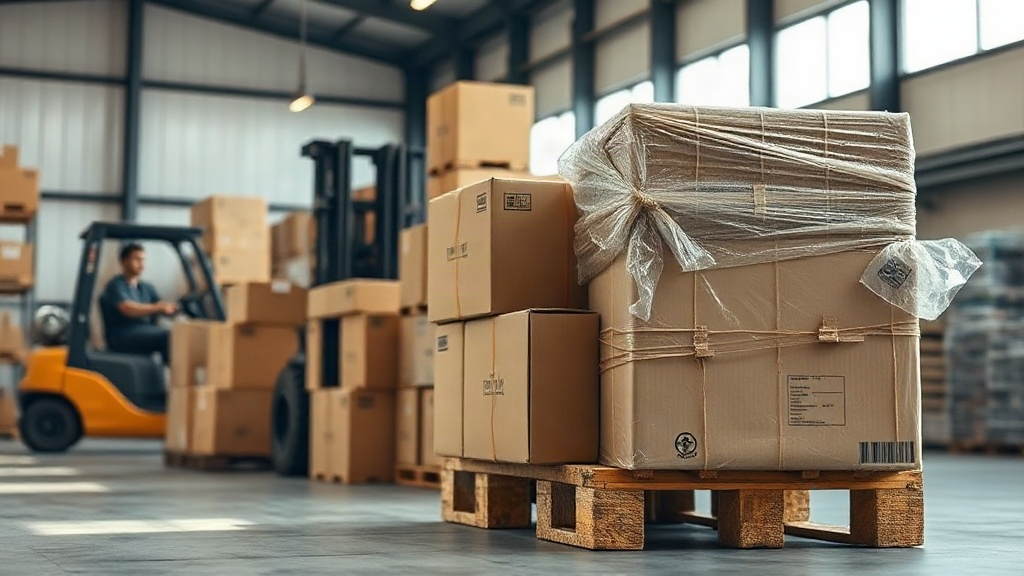 wide angle photograph of a warehouse interior with stacked cardboard shipping boxes and wrapped pallets ready for export
