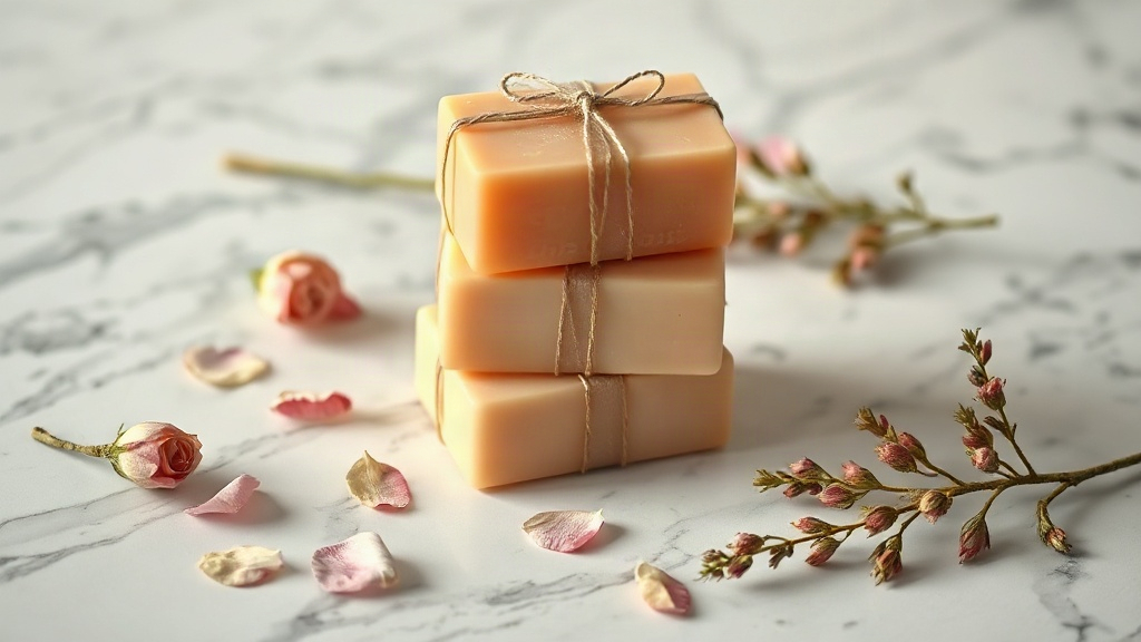 flat lay product photography of stacked luxury soap bars wrapped in elegant minimalist packaging, arranged on a polished