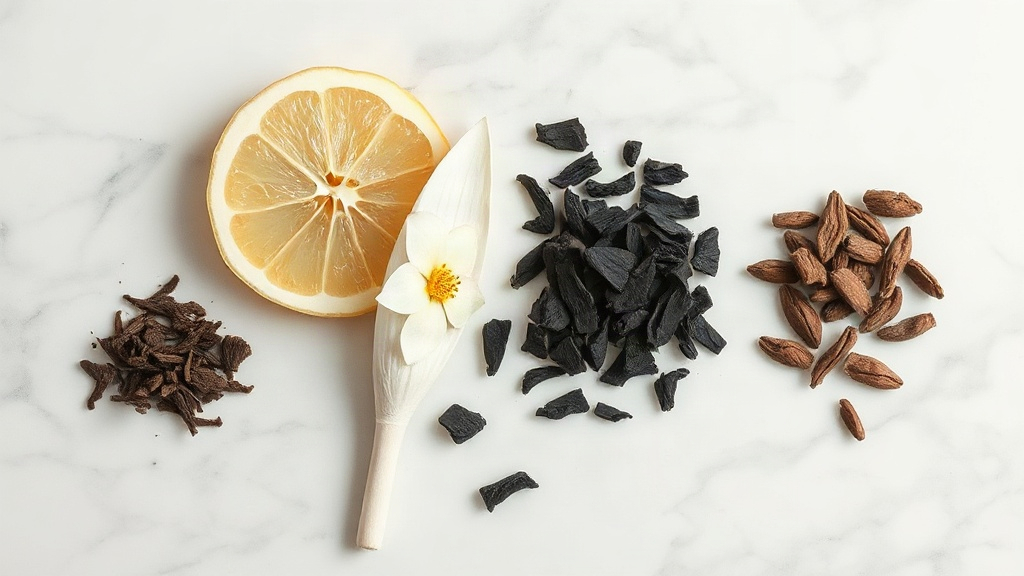overhead flat-lay photograph of raw perfumery ingredients including fresh bergamot slices, jasmine blossoms, and dark ou