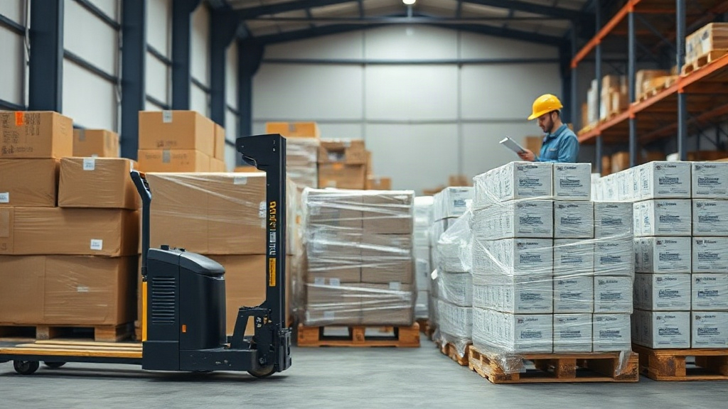 warehouse interior with stacked cardboard shipping cartons and wrapped pallets of perfume boxes, a pallet jack nearby, w