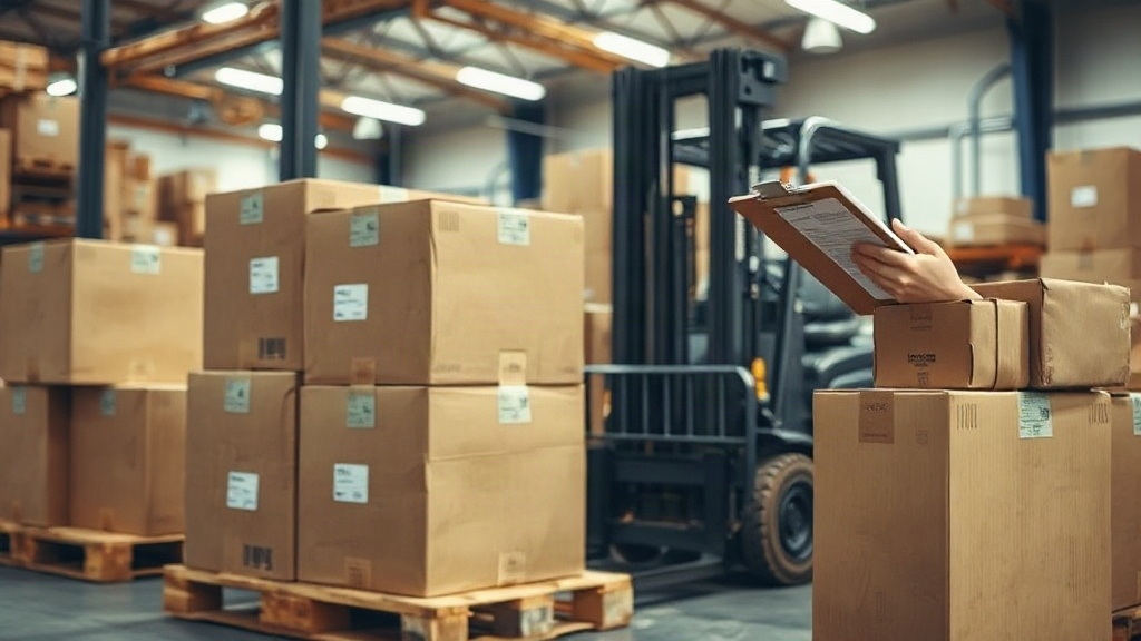 Wide-angle photorealistic warehouse scene: neatly stacked sealed cardboard shipping boxes on wooden pallets, a forklift 