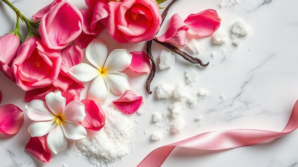 overhead flatlay of fresh jasmine sambac blossoms, rose petals, vanilla pods, a small mound of raw sugar crystals and a 