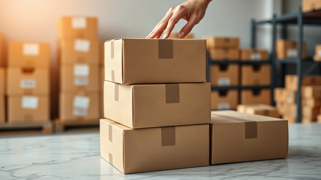 close-up photograph of sealed cardboard product boxes with minimalist packaging stacked neatly on a marble countertop, a