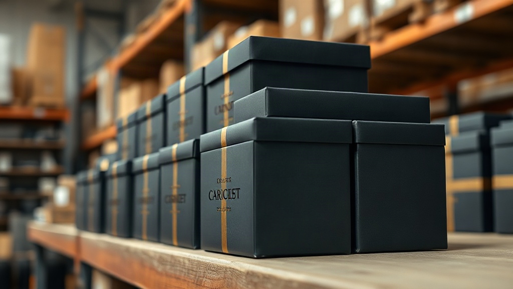 a set of elegant closed black perfume gift boxes with gold foil detailing, neatly stacked on a warehouse shelf, soft dir