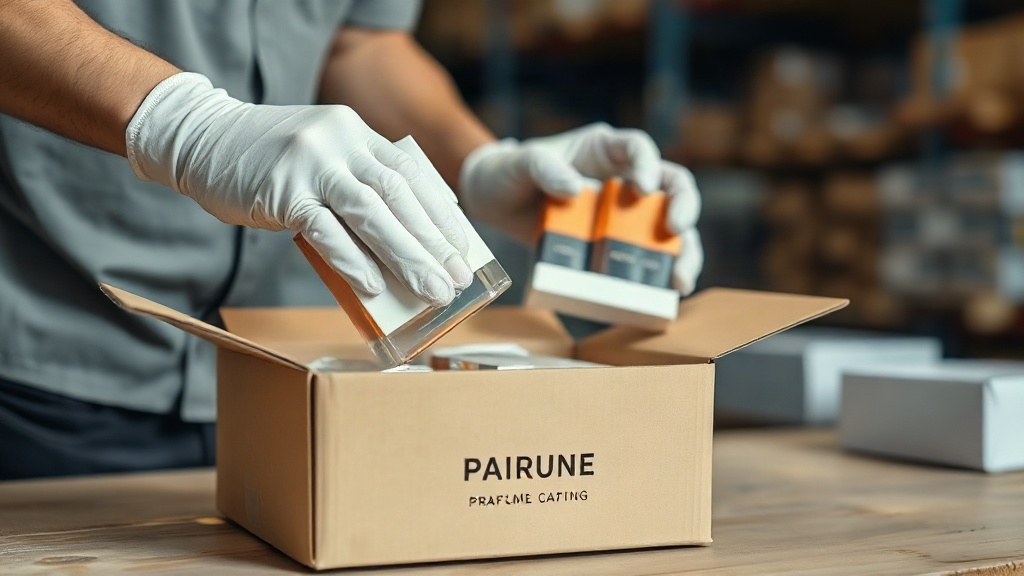 close-up of hands wearing white cotton gloves carefully packing sealed perfume gift boxes into a branded shipping carton
