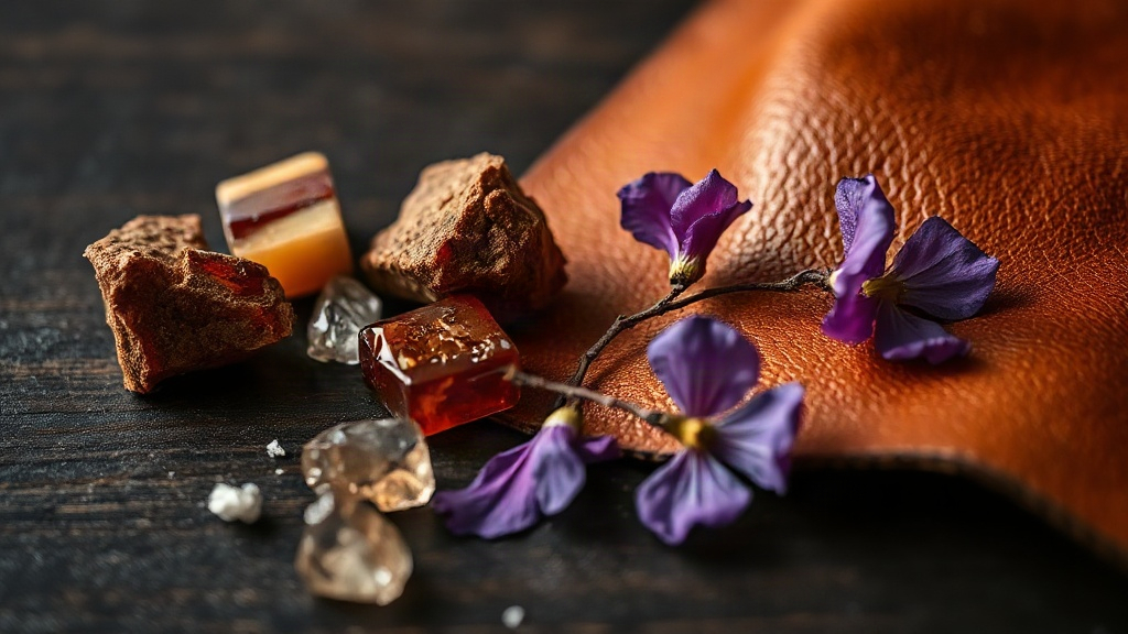 Macro photograph of rich tanned leather hide texture with dried labdanum resin chunks, amber crystals, and a sprig of dr