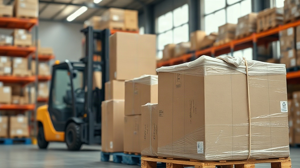 warehouse interior with stacked cardboard shipping boxes and wrapped wooden pallets ready for dispatch, forklift in soft