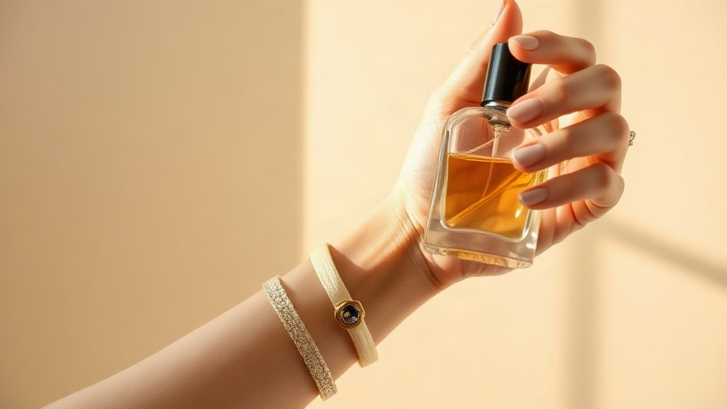 close-up photo of a woman's wrist and forearm, elegant hand gesture applying perfume, soft natural light, neutral b