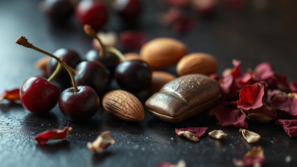 close-up still life of dark red cherries, bitter almonds, dried rose petals and a tonka bean pod arranged on a dark poli