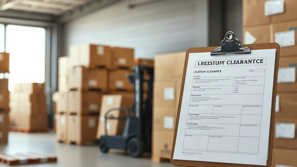 warehouse interior with stacked shipping pallets, sealed cardboard cargo boxes, a forklift in the background, and custom