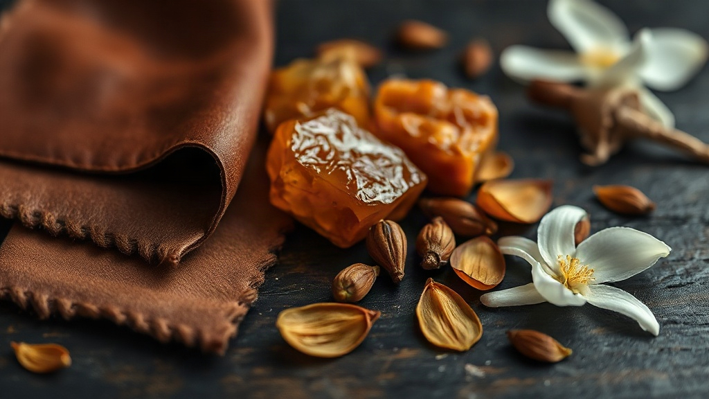 close-up still life of raw perfume ingredients, including leather swatches, amber resin chunks, cardamom pods and jasmin