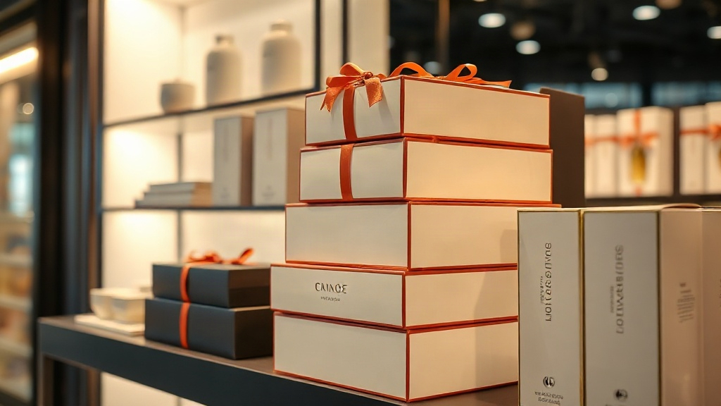 Stack of sealed elegant perfume gift boxes and shipping cartons on a boutique display shelf, premium packaging with ribb