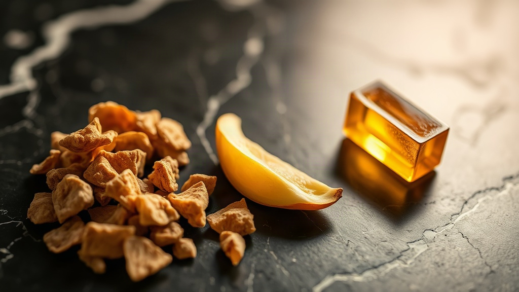 close-up macro photograph of perfume raw materials, oud wood chips, bergamot peel and amber resin arranged on a dark mar