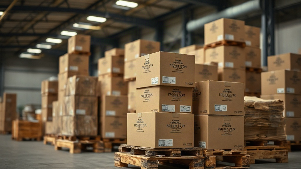 warehouse interior with stacked perfume shipping boxes and wooden pallets, soft industrial lighting, professional B2B lo