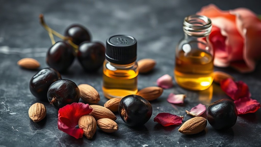 a still life composition of fresh black cherries, bitter almonds, rose petals and a small vial of amber liquid arranged 