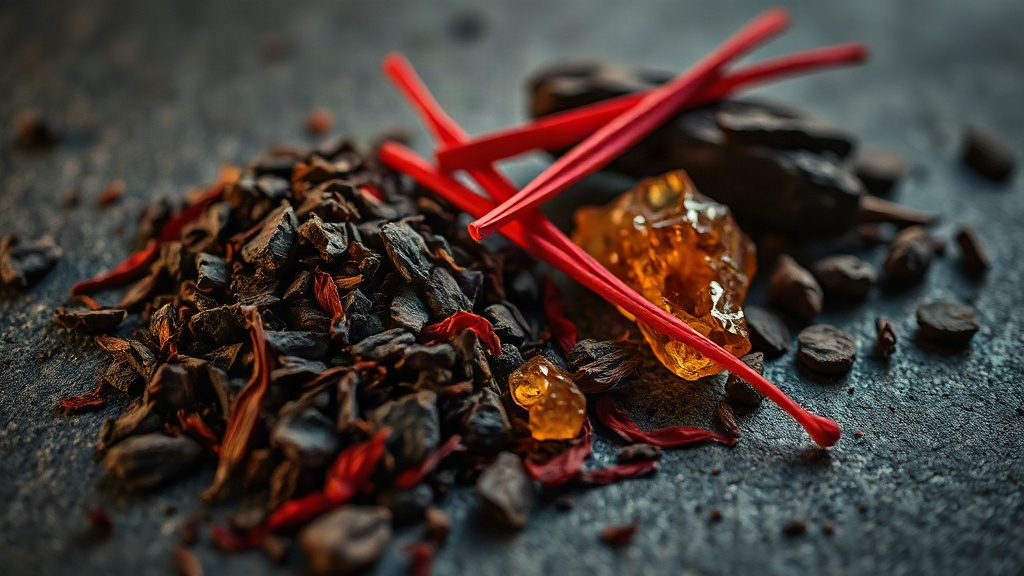 macro close-up of raw perfumery ingredients, dark oud wood chips, red saffron threads, black incense resin and amber cry