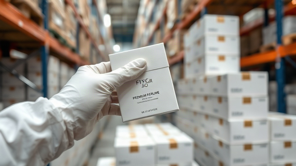 a professional hand wearing a white cotton glove carefully inspecting a sealed premium perfume packaging box with an aut