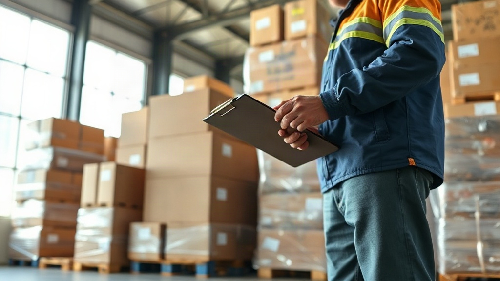 warehouse worker's hand holding a clipboard next to stacked cardboard shipping boxes and wrapped pallets, logistics