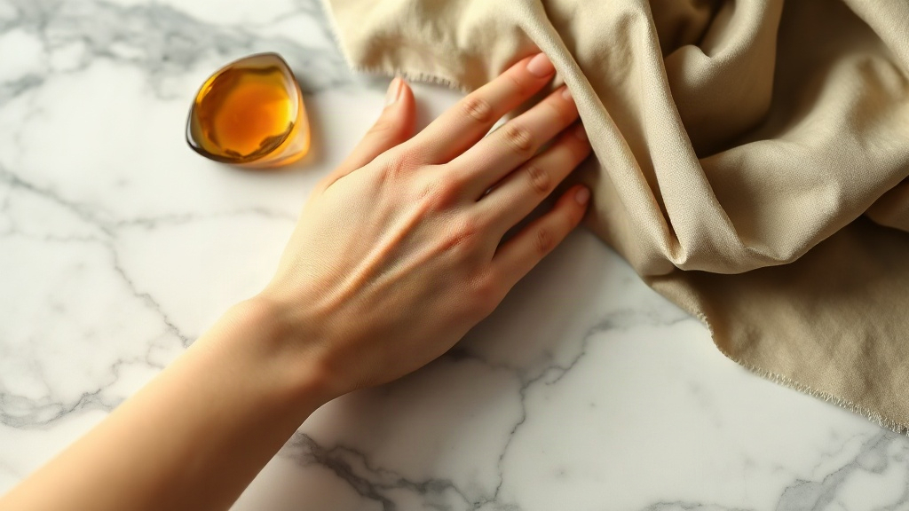 elegant female wrist and hand resting on a polished marble surface beside a folded silk scarf and a small dish of amber 