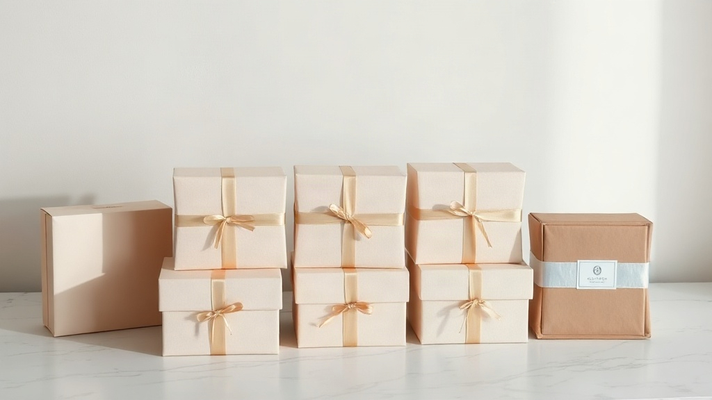 elegant perfume gift boxes and cardboard packaging cartons stacked neatly on a white marble surface, soft studio lightin