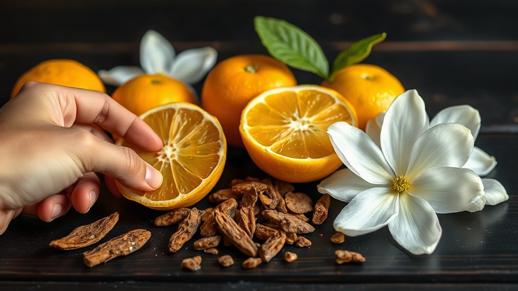 close-up of fresh bergamot citrus fruits, jasmine blossoms, and raw oud wood chips arranged on a dark wooden table, a ha