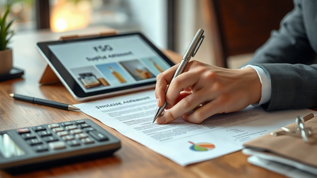 close-up of a businessperson's hands signing a wholesale supply agreement on a wooden desk, a tablet displaying a f