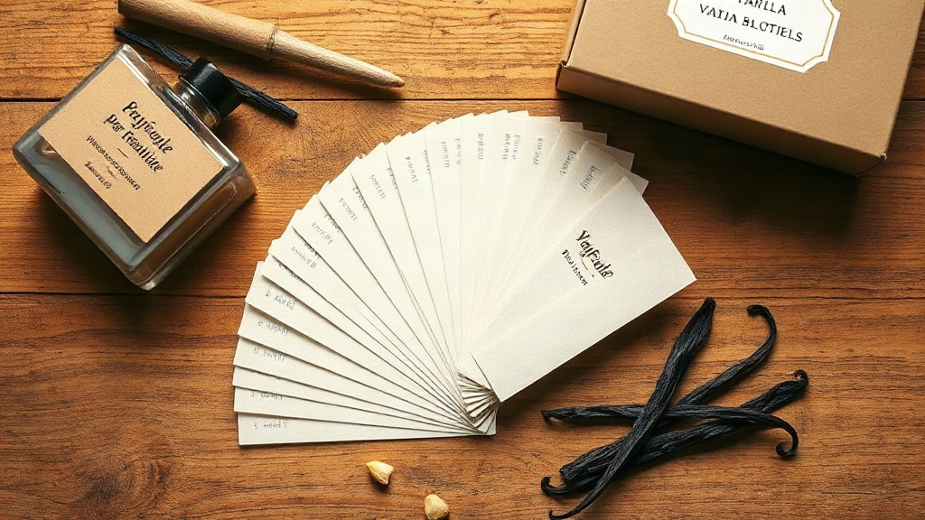 fanned perfume testing blotter strips on a wooden table beside dried vanilla pods and a branded cardboard product box, o
