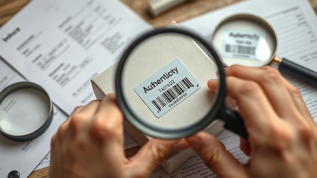 close-up of a hand verifying an authenticity seal and barcode on a sealed perfume box, magnifying glass nearby, desk wit