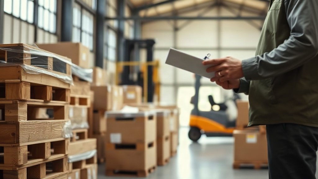 warehouse interior with stacked wooden pallets and sealed brown cardboard shipping boxes, a worker's hand checking 